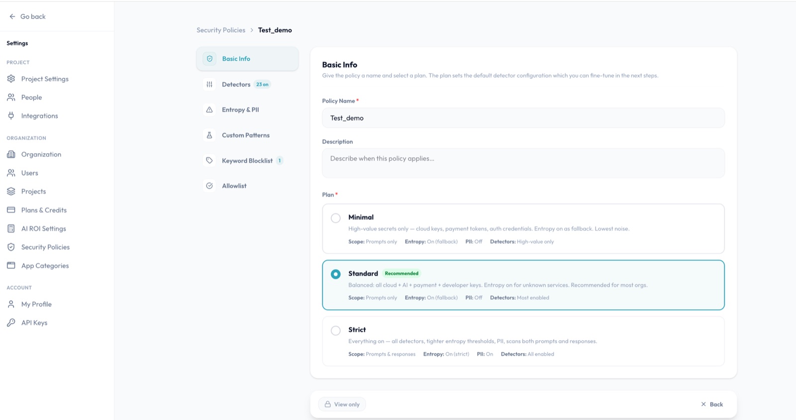 CloudByte AI security policy configuration showing detector plans — Minimal, Standard, and Strict — with per-plan scope, entropy, PII, and detector settings