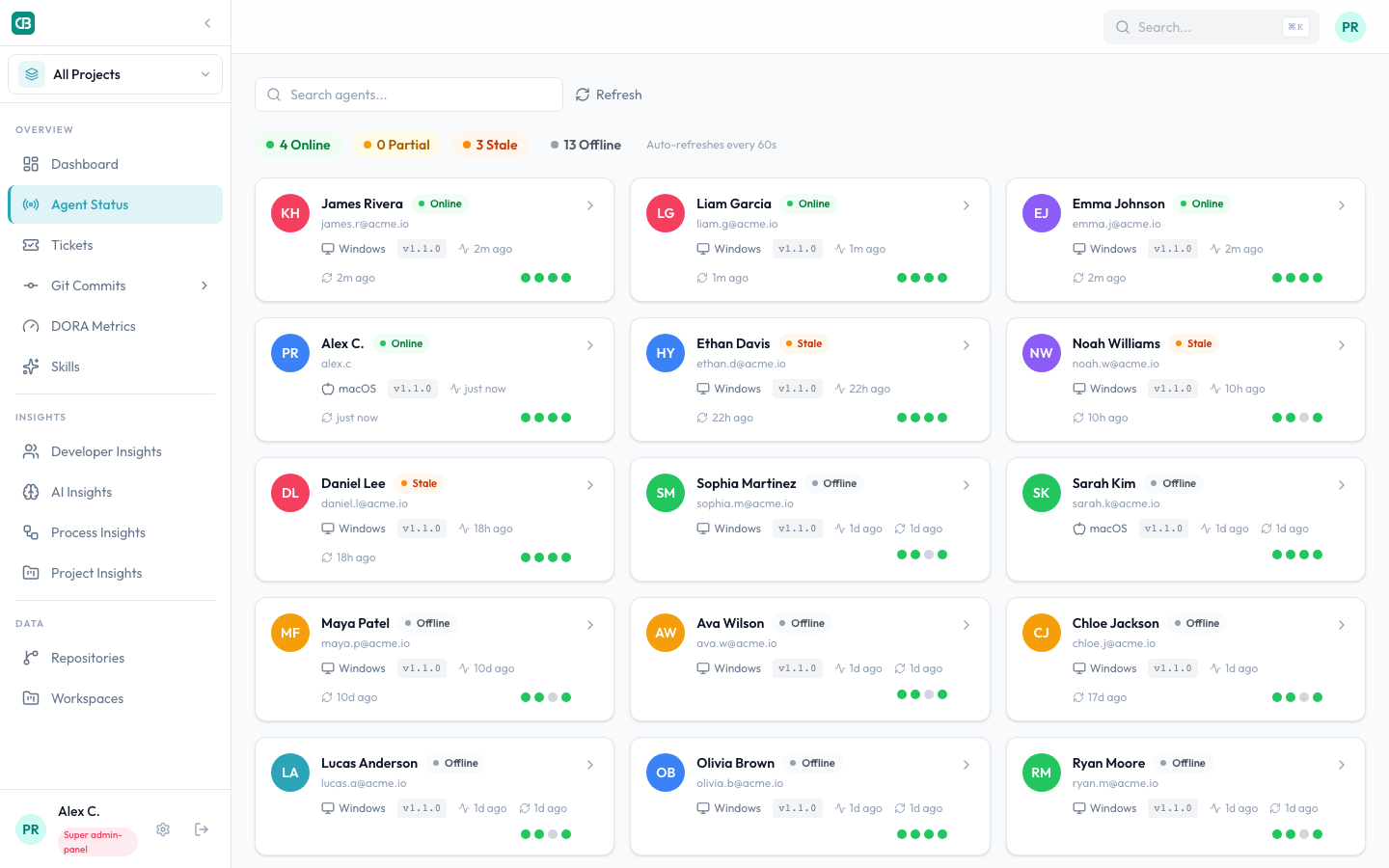 Agent health dashboard showing developer sync status across both tool cohorts